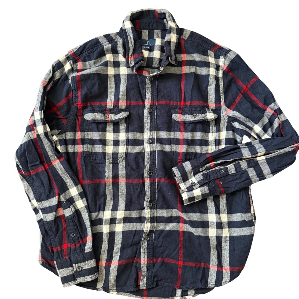 George Mens L Plaid Flannel‎ Button Down Shirt Long Sleeve Blue Red Soft Utility